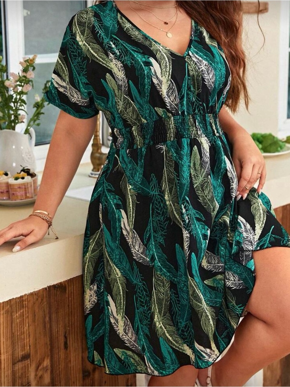 SHEIN Frenchy Plus Tropical Print Tie Back Batwing Sleeve Summer Boho Dress 2XL